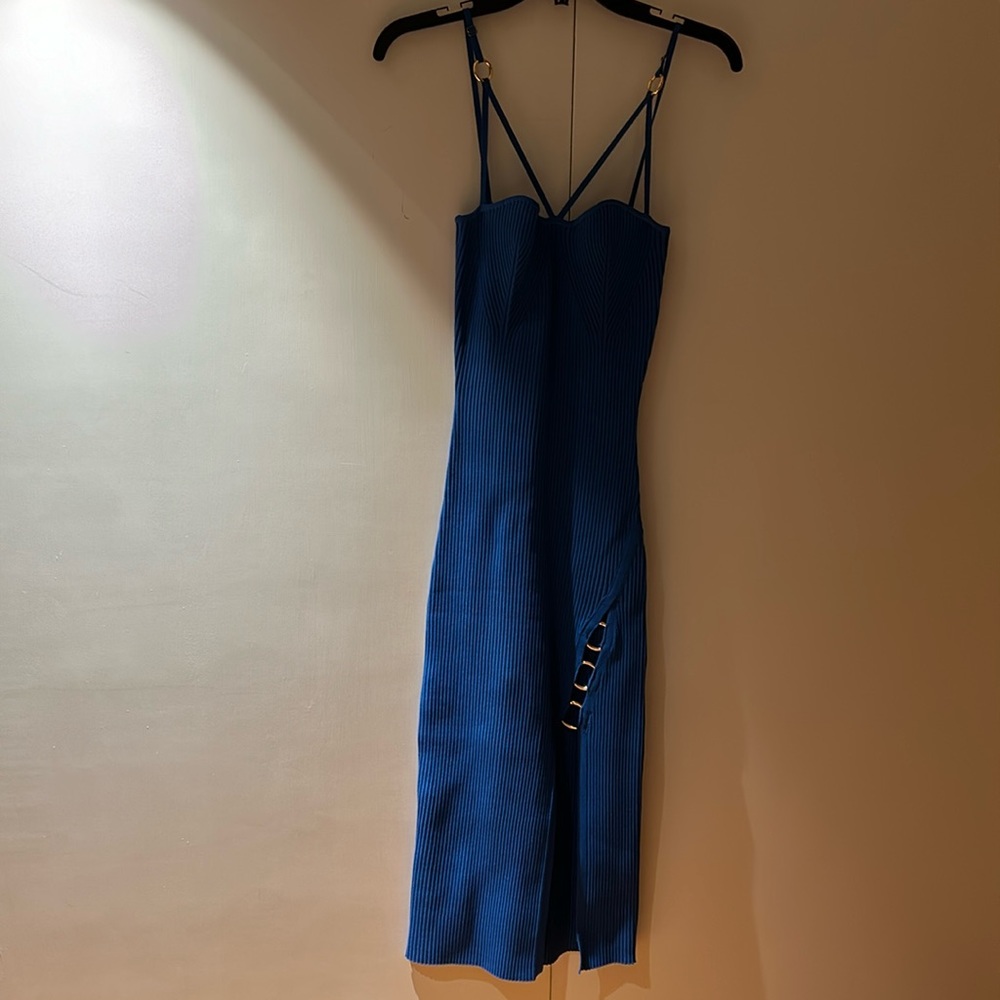 NICHOLAS Midnight Blue Ribbed Midi Dress with Gold Ring Detail